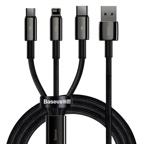 Cablu Baseus de date Tugsten Auriu 3in1 (Camltwj-01), USB to Type-C, Lightning, Micro-USB 3.5A, 1.5m, negru
