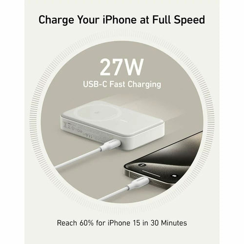 Baterie Externa Anker Maggo (A1654G21), pentru iPhone, Afisaj Digital, Wireless Charging, Kickstand, 10000mAh, 15W, Alb
