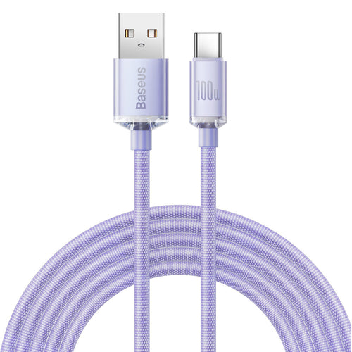 Cablu Baseus de date Crystal Shine (CAJY000505), USB to Type-C, 100W, 2m, Super Incarcare rapida, Nylon Braided, mov