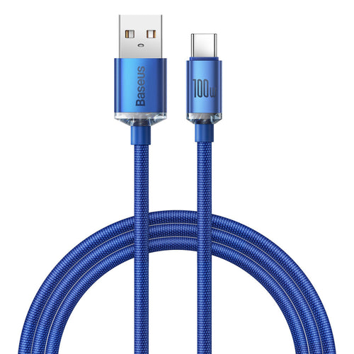 Cablu Baseus de date Crystal Shine (CAJY000503), USB to Type-C, 100W, 2m, Super Incarcare rapida, Nylon Braided, albastru