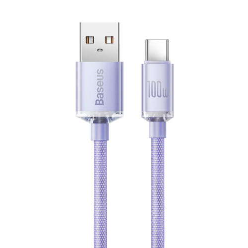 Cablu Baseus de date Crystal Shine (CAJY000405), USB to Type-C, 100W, 1.2m, Super Incarcare rapida, Nylon Braided, mov