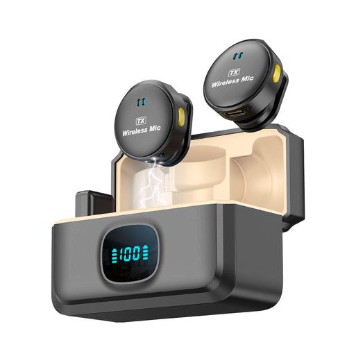 Microfon Techsuit (2 pack) Lavalier Wireless (LW5), cu Receiver, Lightning, Reducere zgomot 2.0, Afisaj digital, negru
