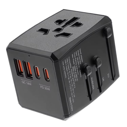 Adaptor pentru Calatorie Techsuit (HHT904-B2), PD20W, 2 x USB, 2 xType-C, EU, UK, AUS, US, Negru