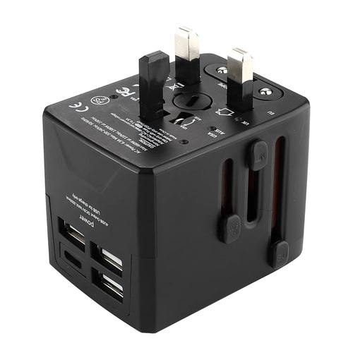 Adaptor pentru Calatorie Techsuit (HHT520), 3 x USB, Type-C, EU, UK, AUS, US, Negru