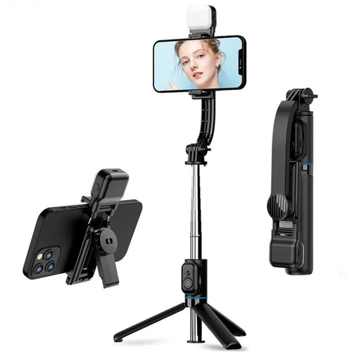 Selfie stick Techsuit (C01s), cu Pliabil Stable Tripod, Bluetooth Telecomanda, Fill Light, 107cm, negru