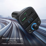 Modulator FM UGREEN cu Incarcator auto CD229 (80910), 2x USB-A, 1xType-C, TF Card Slot cu Afisaj LED, 31.5W, negru