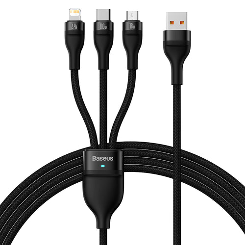 Cablu Baseus de date Flash Series 2 (CASS030001), Incarcare rapida, USB to Type-C, Lightning, Micro-USB, 100W, 1.2 m, negru