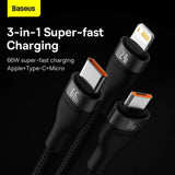 Cablu Baseus de date Flash Series 2 (CASS040001), Incarcare rapida, USB to Type-C, Lightning, Micro-USB, 66W, 1.2 m, negru