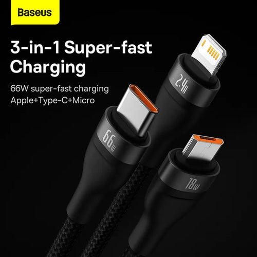 Cablu Baseus de date Flash Series 2 (CASS040001), Incarcare rapida, USB to Type-C, Lightning, Micro-USB, 66W, 1.2 m, negru