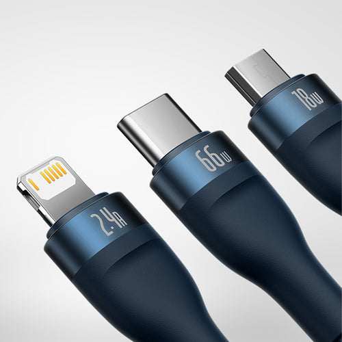 Cablu Baseus de date Flash Series 2 (CASS040003), Incarcare rapida, USB to Type-C, Lightning, Micro-USB, 66W, 1.2 m, albastru