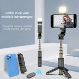 Selfie stick Techsuit Mini (Q10s), Stable Tripod cu Bluetooth Telecomanda, Fill Light, 360 Rotation, 70cm, negru