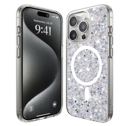Husa pentru iPhone 15 Pro, Techsuit Sparkly Glitter MagSafe, alb
