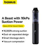 Aspirator Auto Baseus Cordless Car Aspirator A5 (C30459500111-00), Portabil, 16000Pa, 130W, LCD Display, Fast Recharge