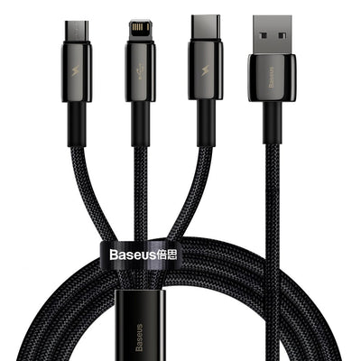 Cablu Baseus de date Tugsten Auriu 3in1 (Camltwj-01), USB to Type-C, Lightning, Micro-USB 3.5A, 1.5m, negru
