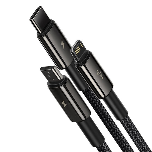 Cablu Baseus de date Tugsten Auriu 3in1 (Camltwj-01), USB to Type-C, Lightning, Micro-USB 3.5A, 1.5m, negru