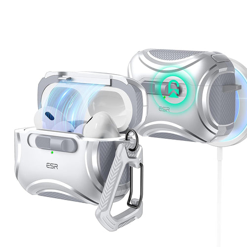 Husa casti pentru AirPods Pro 1/2, ESR, Cyber Magnetic Lock Case Halolock, alb