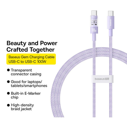 Cablu Baseus de date Gem (P10373000511-00), Type-C to Type-C, Super Incarcare rapida 100W, 1m, mov