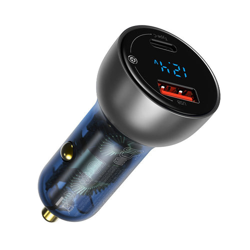 Incarcator auto Baseus (Cckx-C0A), cu Afisaj digital, Type-C PD65W, USB QC4.0, DC 12-24V, transparenta