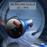 Incarcator auto Baseus (Cckx-C0A), cu Afisaj digital, Type-C PD65W, USB QC4.0, DC 12-24V, transparenta