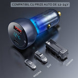Incarcator auto Baseus (Cckx-C0A), cu Afisaj digital, Type-C PD65W, USB QC4.0, DC 12-24V, transparenta