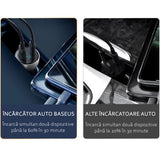 Incarcator auto Baseus (Cckx-C0A), cu Afisaj digital, Type-C PD65W, USB QC4.0, DC 12-24V, transparenta