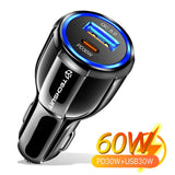 Incarcator auto Techsuit Premium (TE-022), USB-A QC5.0 30W, USB-C PD30W, Total 60W, LED Light, negru
