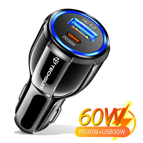 Incarcator auto Techsuit Premium (TE-022), USB-A QC5.0 30W, USB-C PD30W, Total 60W, LED Light, negru