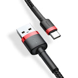 Cablu Baseus de date Cafule (Catklf-U91), USB to Type-C, 480Mbps, 2A, 3m, QC 3.0, Bend-Resistant, negru;rosu