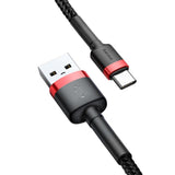 Cablu Baseus de date Cafule (Catklf-C91), USB to Type-C, 2A, 2m, 480Mbps, Aliaj aluminiu, Nylon, negru;rosu