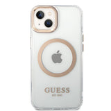 Husa pentru iPhone 15 Plus, Guess Metal Outline MagSafe (GUHMP15MHTRMD), auriu