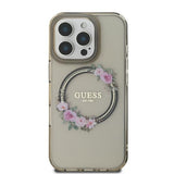 Husa pentru iPhone 16 Pro, Guess IML Flowers Wreath MagSafe (GUHMP16LHFWFCK), negru
