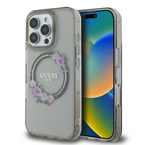 Husa pentru iPhone 16 Pro, Guess IML Flowers Wreath MagSafe (GUHMP16LHFWFCK), negru
