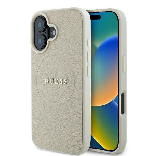 Husa pentru iPhone 16, Guess Grained Gold Ring MagSafe (GUHMP16SPGHSMME), bej