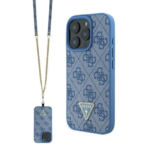 Husa pentru iPhone 16 Pro, Guess Leather Metal Logo Strass Crossbody (GUHCP16LP4TDSCPB), albastru