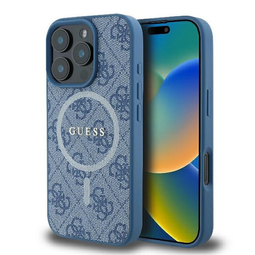 Husa pentru iPhone 16 Pro, Guess 4G Ring Classic Logo MagSafe (GUHMP16LG4GFRB), albastru