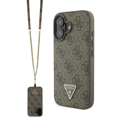 Husa pentru iPhone 16, Guess Leather Metal Logo Strass Crossbody (GUHCP16SP4TDSCPW), maro