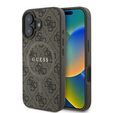 Husa pentru iPhone 16, Guess 4G Ring Classic Logo MagSafe (GUHMP16SG4GFRW), maro