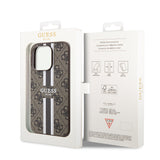 Husa pentru iPhone 15 Pro, Guess Hardcase 4G Printed Stripes MagSafe (GUHMP15LP4RPSW), maro