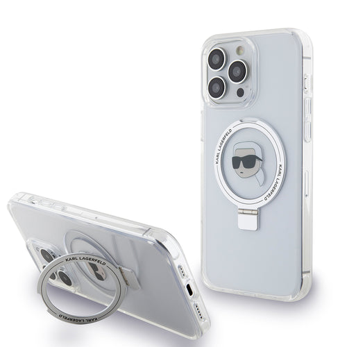 Husa pentru iPhone 15 Pro Max, Karl Lagerfeld Hardcase Ring Stand MagSafe (KLHMP15XHMRSKHH), alb