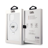 Husa pentru iPhone 15 Pro Max, Karl Lagerfeld Hardcase Ring Stand MagSafe (KLHMP15XHMRSKHH), alb
