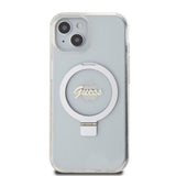 Husa pentru iPhone 15, Guess Ring Stand Script Glitter MagSafe (GUHMP15SHRSGSD), transparenta