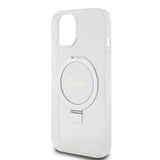 Husa pentru iPhone 15, Guess Ring Stand Script Glitter MagSafe (GUHMP15SHRSGSD), transparenta