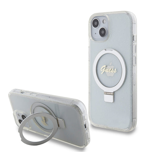 Husa pentru iPhone 15, Guess Ring Stand Script Glitter MagSafe (GUHMP15SHRSGSD), transparenta