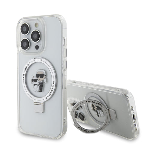 Husa pentru iPhone 14 Pro, Karl Lagerfeld Hardcase Ring Stand MagSafe (KLHMP14LHMRSKCH), alb