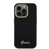 Husa pentru iPhone 15 Pro, Guess Silicone Script Metal Logo & Frame (GUHCP15LSMBSLK), negru
