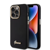 Husa pentru iPhone 15 Pro, Guess Silicone Script Metal Logo & Frame (GUHCP15LSMBSLK), negru