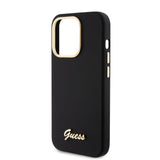Husa pentru iPhone 15 Pro, Guess Silicone Script Metal Logo & Frame (GUHCP15LSMBSLK), negru
