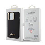 Husa pentru iPhone 15 Pro, Guess Silicone Script Metal Logo & Frame (GUHCP15LSMBSLK), negru