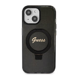 Husa pentru iPhone 15, Guess Ring Stand Script Glitter MagSafe (GUHMP15SHRSGSK), negru