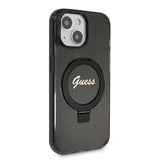 Husa pentru iPhone 15, Guess Ring Stand Script Glitter MagSafe (GUHMP15SHRSGSK), negru